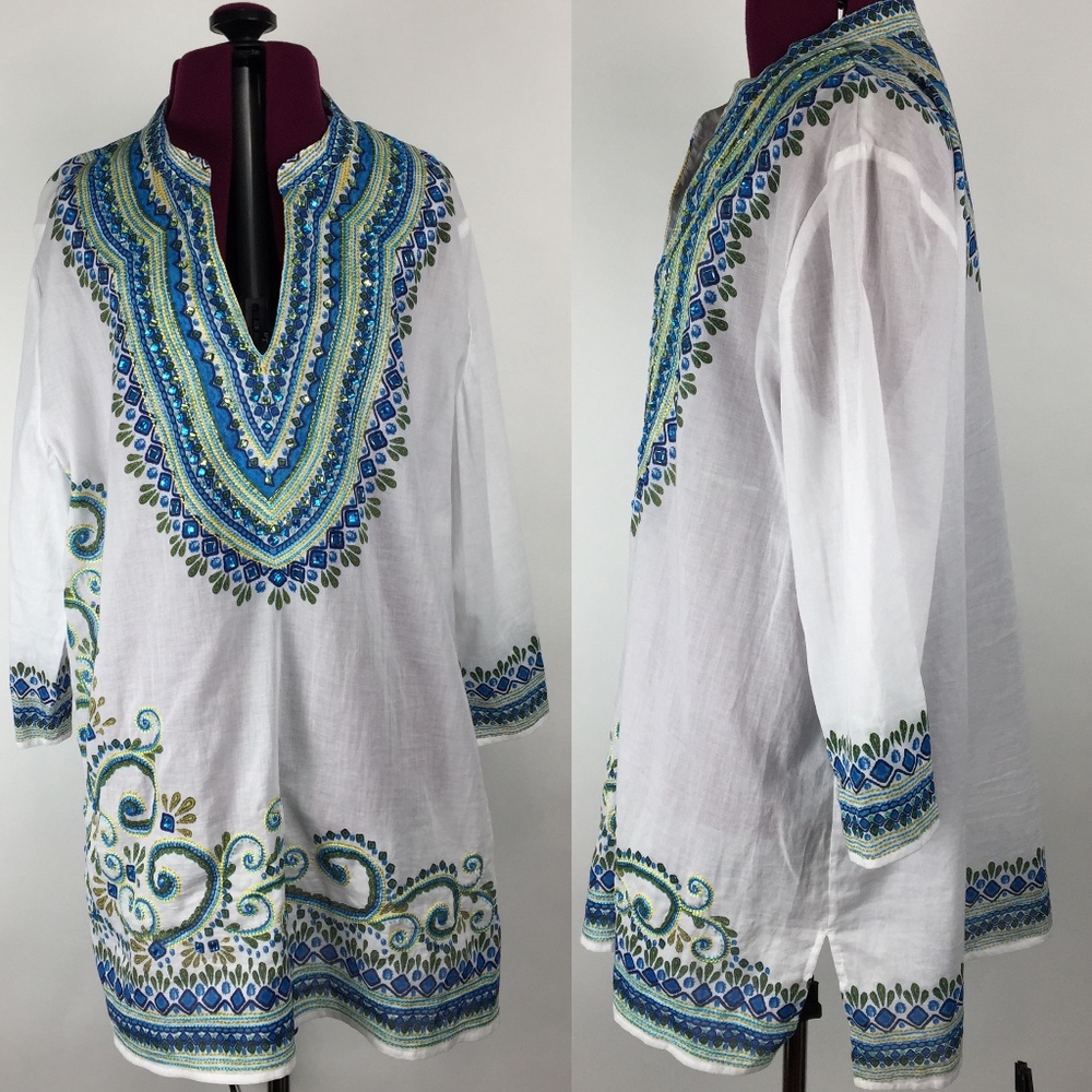 Chico's Embroidered Boho Tribal Tunic Shirt Sz 2 Festival